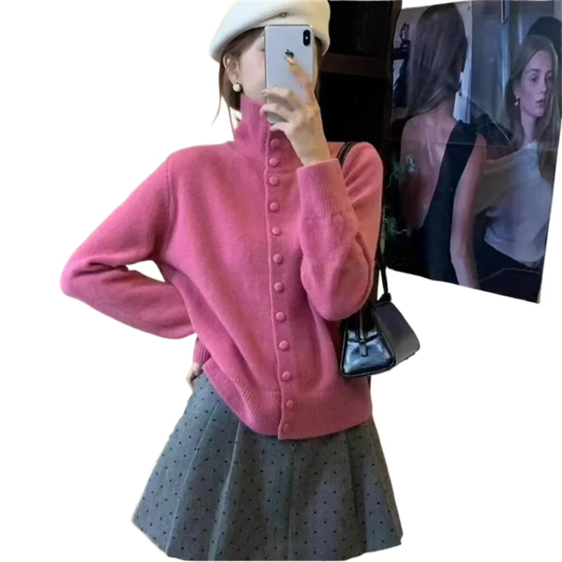 

High Collar Soft Sweater Women's Autumn Winter New Korean Style Single Breasted Knitted Cardigan Loose Long Sleeved Solid Top