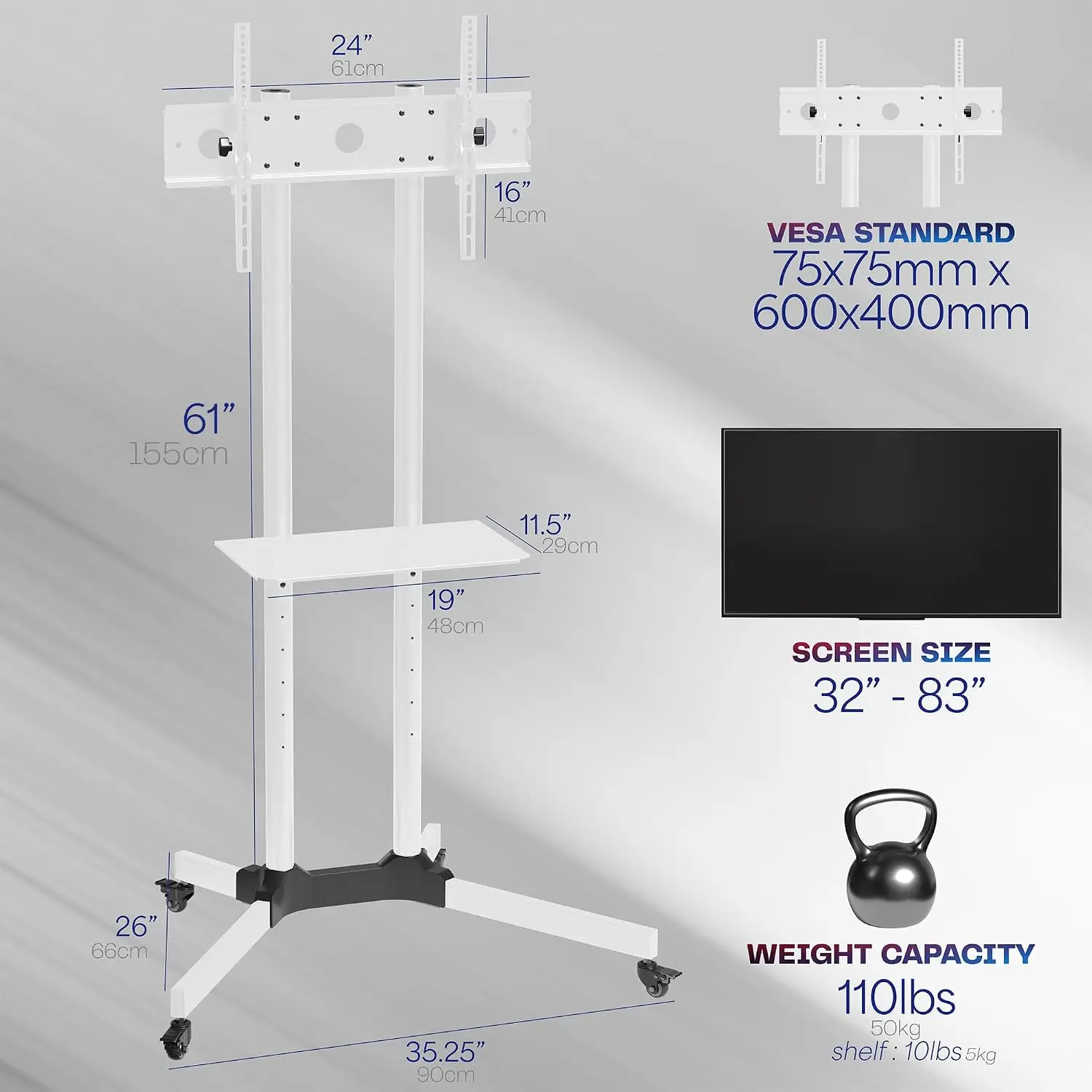 Mobile TV Cart for 32 to 83 inch Screens up to 110 lbs, LCD LED OLED 4K Smart Flat and Curved Panels, Rolling Stand