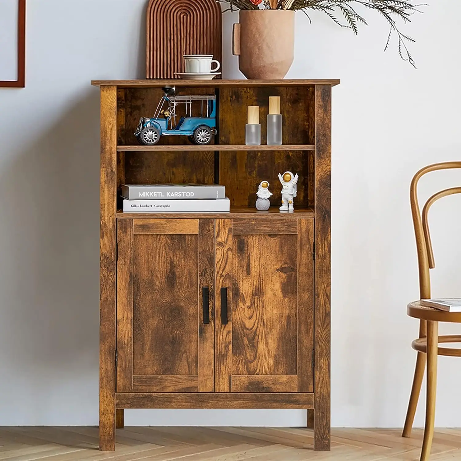 Armoire de rangement avec 2 portes et étagères ouvertes, armoire de rangement rétro au sol avec étagères réglables, armoire de rangement au sol