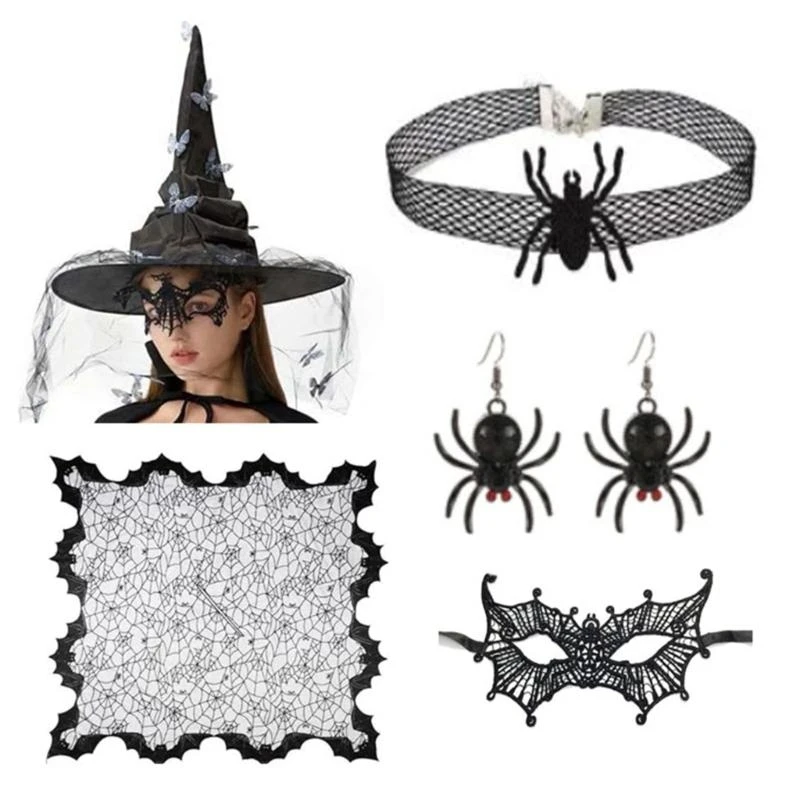 

Y5GC Women Witch Costume Witch Hat Eye Mask Choker Necklace Earrings for Women Masquerade Halloween Witch Cosplay Accessories