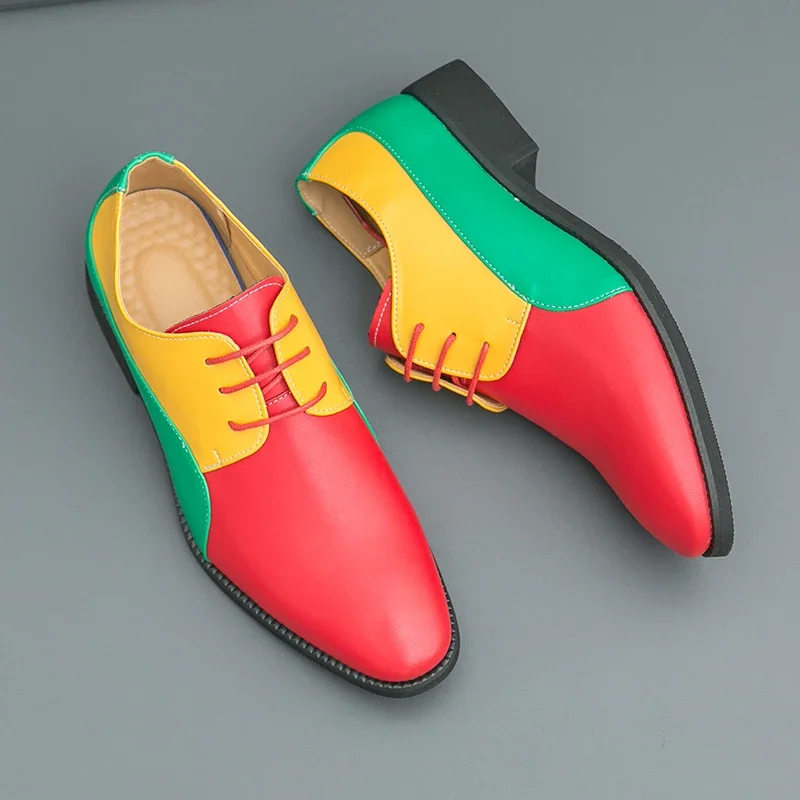 Spring Colored Oxford Shoes Men's Adult Party Color Blocking Casual Shoes Pointed Wedding Tie Lightweight High-quality Loafers