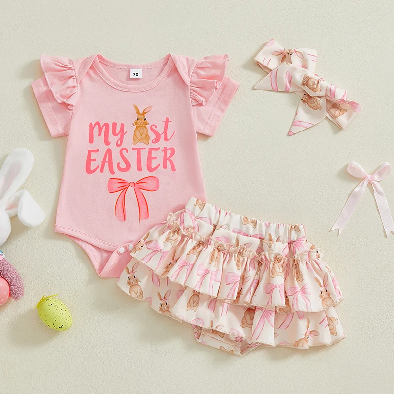 

Baby Girls Easter Outfits Letter Print Short Sleeves Romper with Bunny Print Tiered Ruffled Shorts and Headband