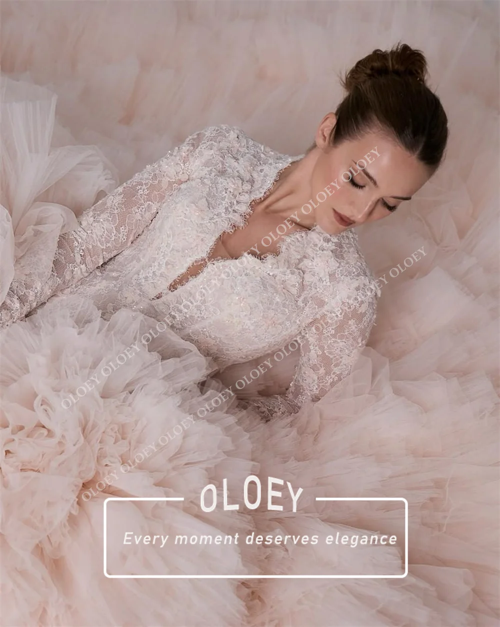 OLOEY Luxury Lace A-Line Wedding Dress Blush Pink Muti Layer Tulle V Neck Bridal Gown Long Sleeves Robe De Mariage Customized
