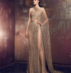 2023 A-line Bespoke Wedding Gown In Gorgeous  Lightweight Sheer Sexy Prom Star Dress Solid Khaki Shimmer And Shine