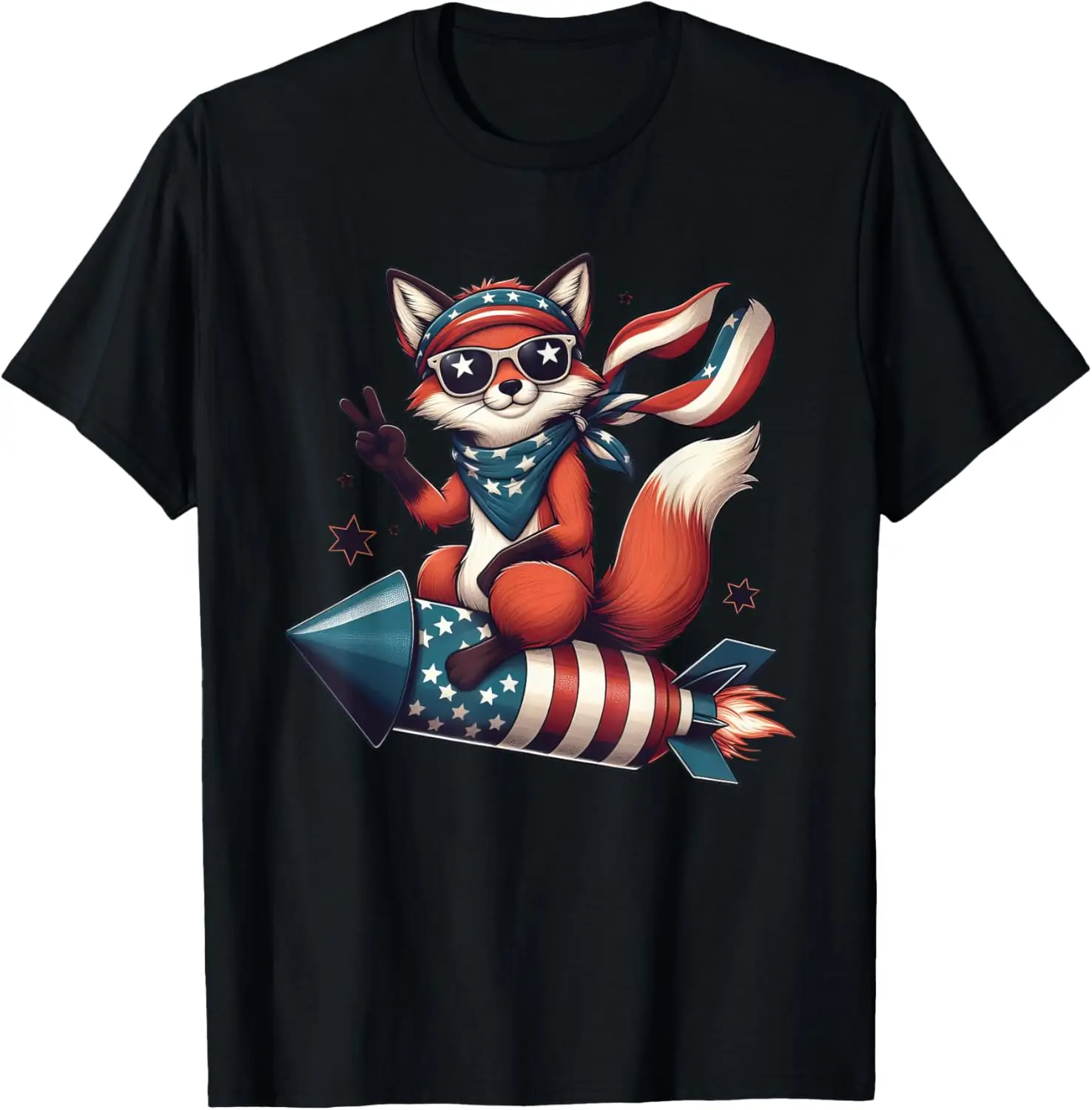 

Peace Sign Hand Fox Firework American USA Flag 4th of July T-Shirt