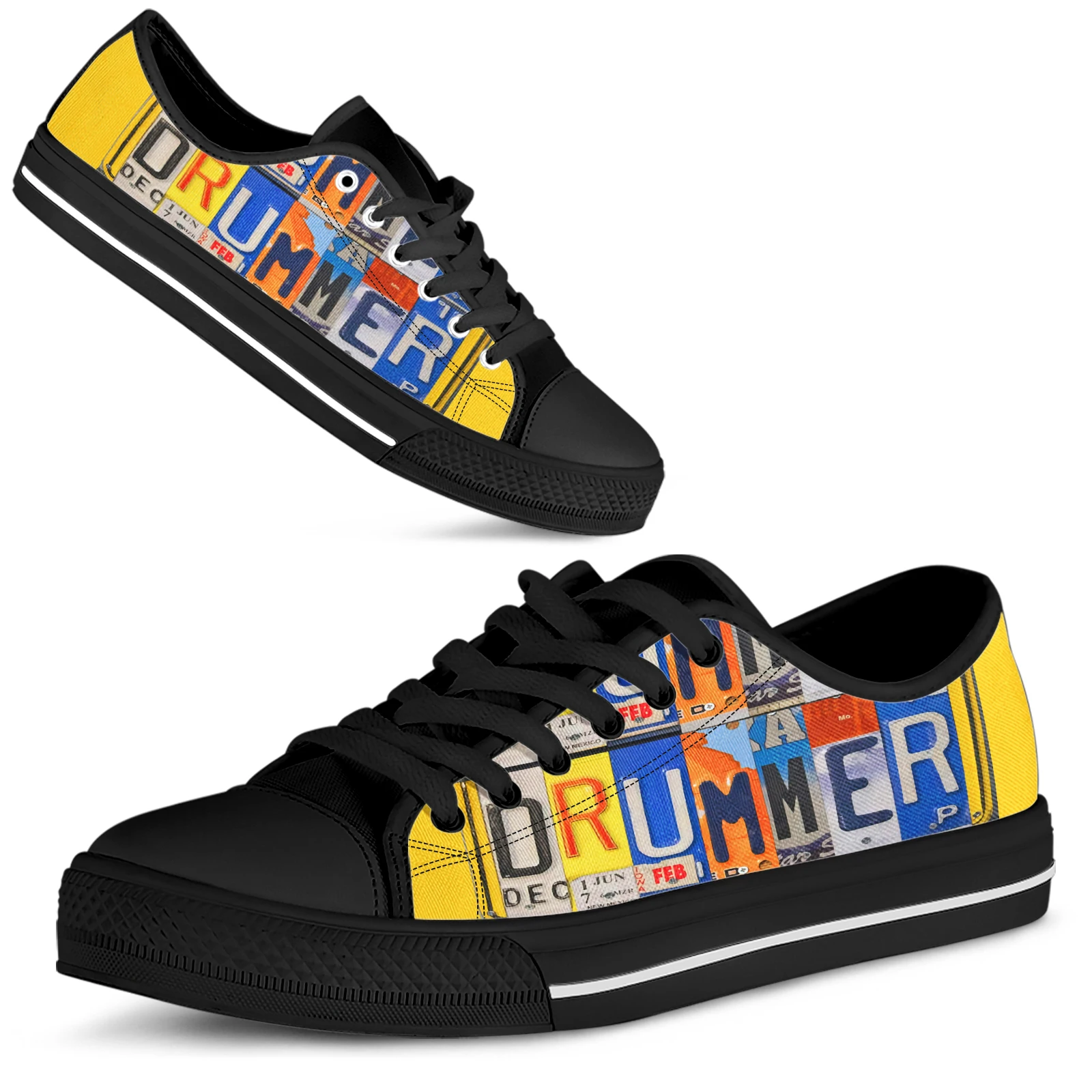 ELVISWORDS New Number Plate DRUMMER Print Casual Sneakers License Plate Culture Design Comfortable Canvas Shoes Casual Sneakers