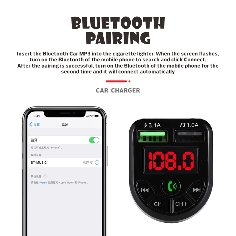 Car 5.3 FM Transmitter Bluetooth Player MP3 Fast Charging Dual USB Interface for Vehicle Portable Handsfree Call Easy to Use