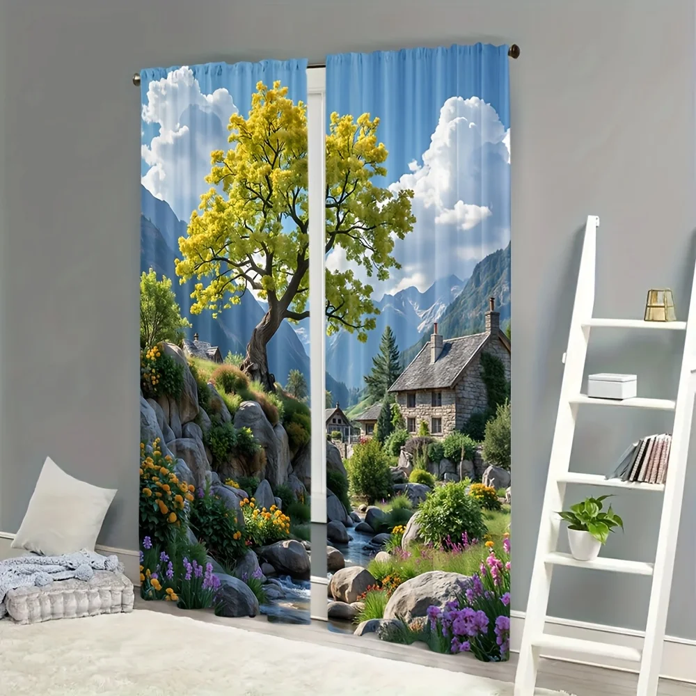 2pcs Countryside Tree View Curtains - Easy-Care Privacy Window Drapes with Rod Pockets, Semi-Transparent Polyester Fabric, Vibra