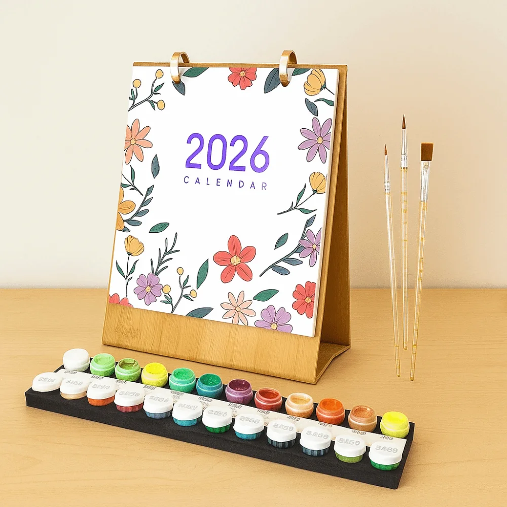 Creative 2026 Edition Desk Calendar Handmade 12 Month Standing Flip Calendar Hand Drawn Paint By Numbers Table Planner Gift