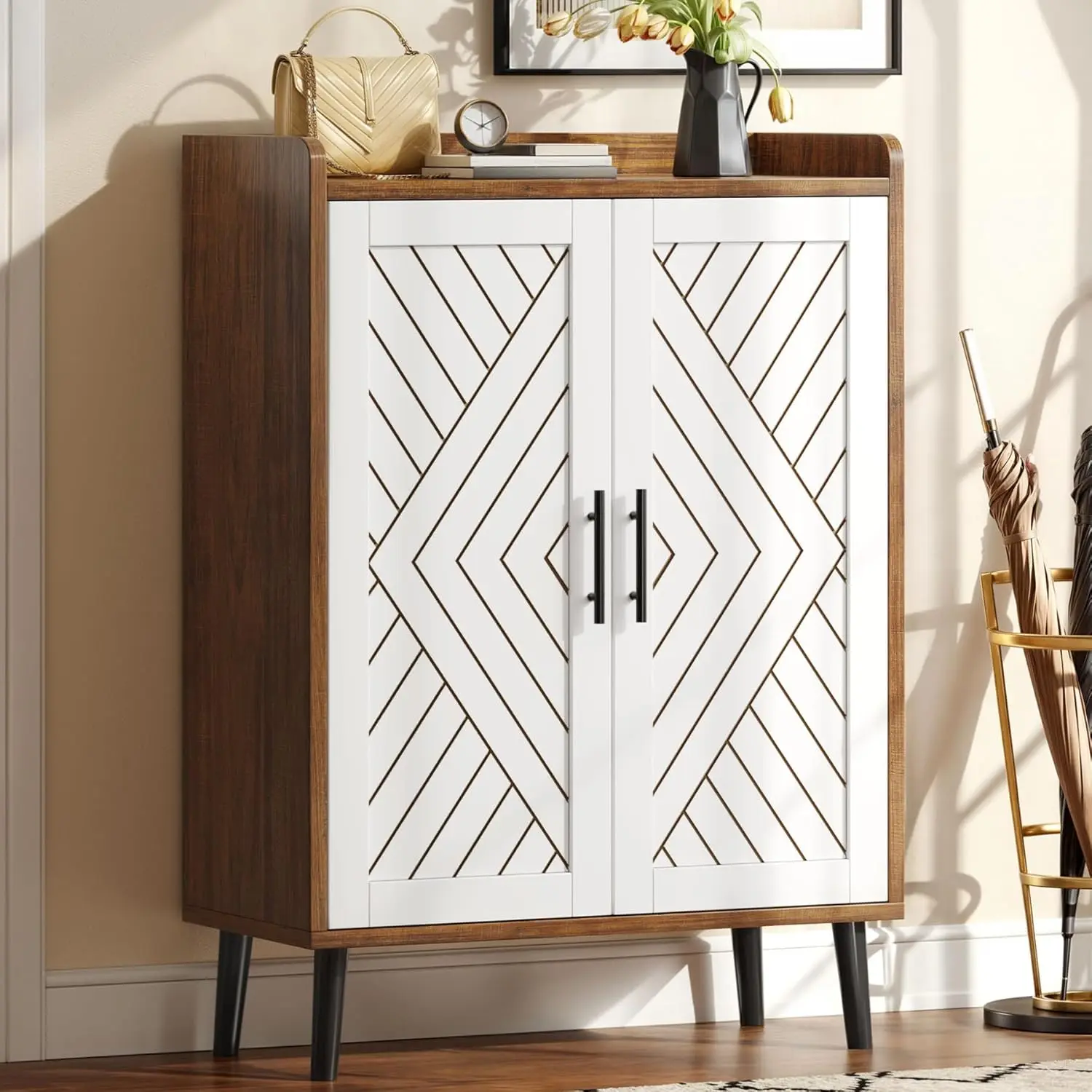 

Shoe Cabinet with Doors, 5-Tier Shoes Storage Organizer with Adjustable Shelves, Modern Freestanding Wooden Shoe Rack Cabinet