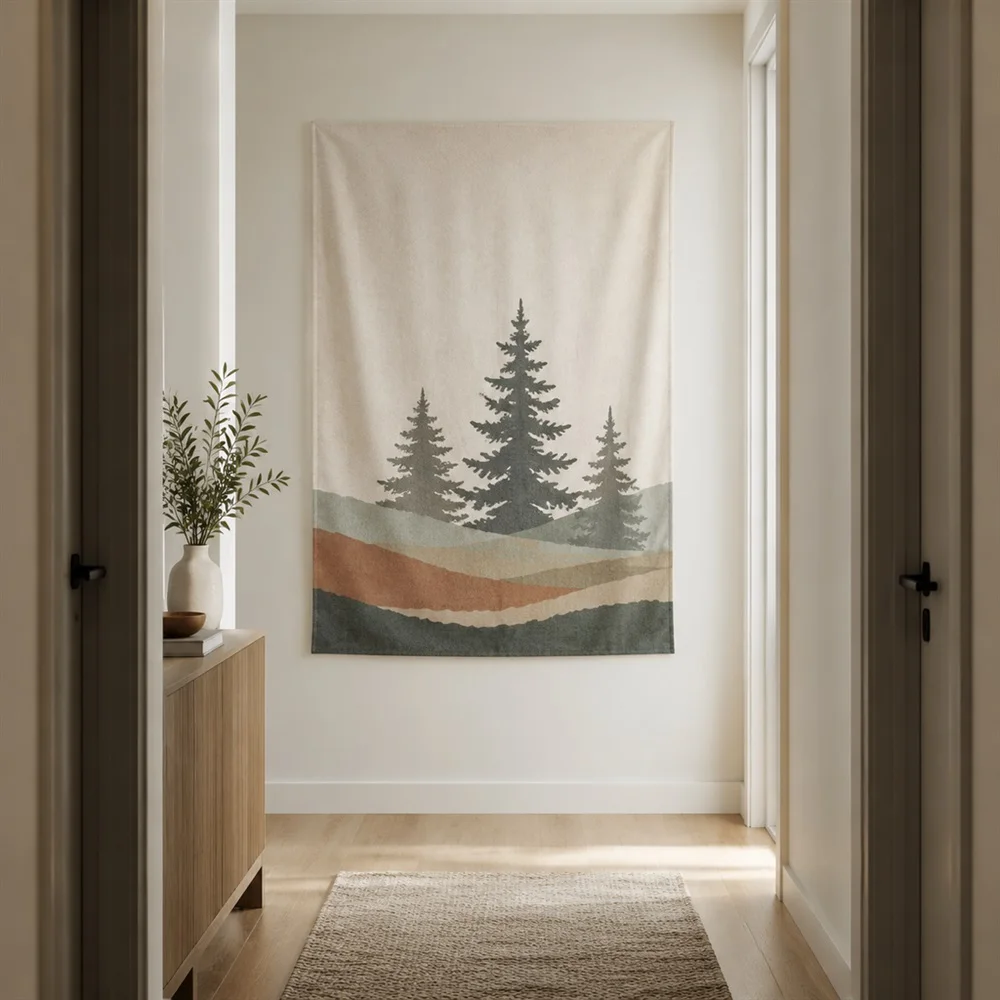 VIKAMA Minimal Pine Silhouette Layered Bands Tapestry Wall Hanging, Nordic Wall Decor Tapestries for Study Living Room Bedroom