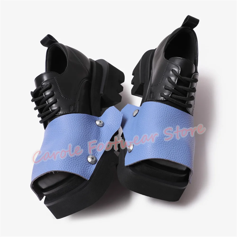 

Fashion Mixed Color Leather Splicing Derby Shoes for Men Punk Rivet Square Toe Chunky Heel Loafers Male Casual Lace-up Shoes
