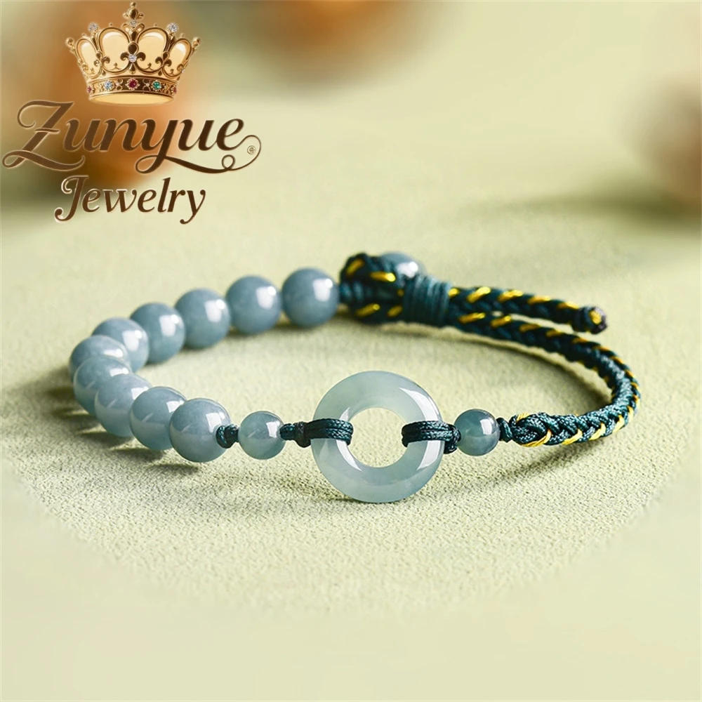 

Natural A-Grade Jadeite Blue Water Peace Jade Ring Hand-Woven Simple Fashion Bracelet Ice-Type Jade For Couples And As A Gift