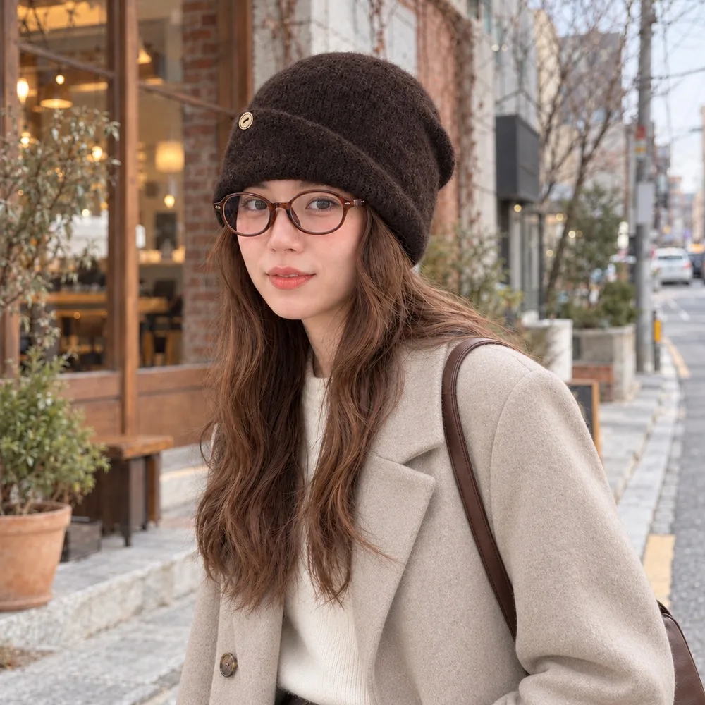 Women Winter Slouchy Beanie Hat Soft Knitted Cap Asymmetric Folded Cuff Solid Color Warm Headwear for Daily Wear Travel