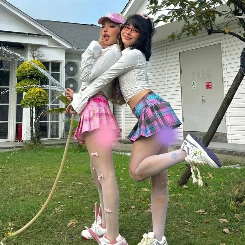 Gothic Millennium Hot Girl Y2K Pink Blue Embroidered Pleate Skirt Short American Trendy College Style Midi Skirt 2025 Hot Sale