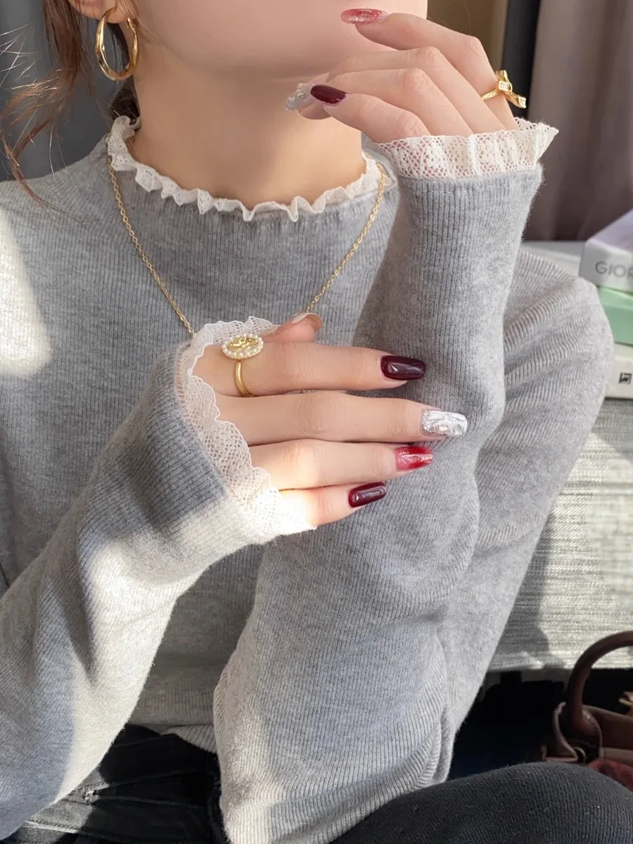 Suéter básico de renda sem gola alta para mulheres no outono e inverno, novo design de suéter de gola média de 2025, top de malha slim fit