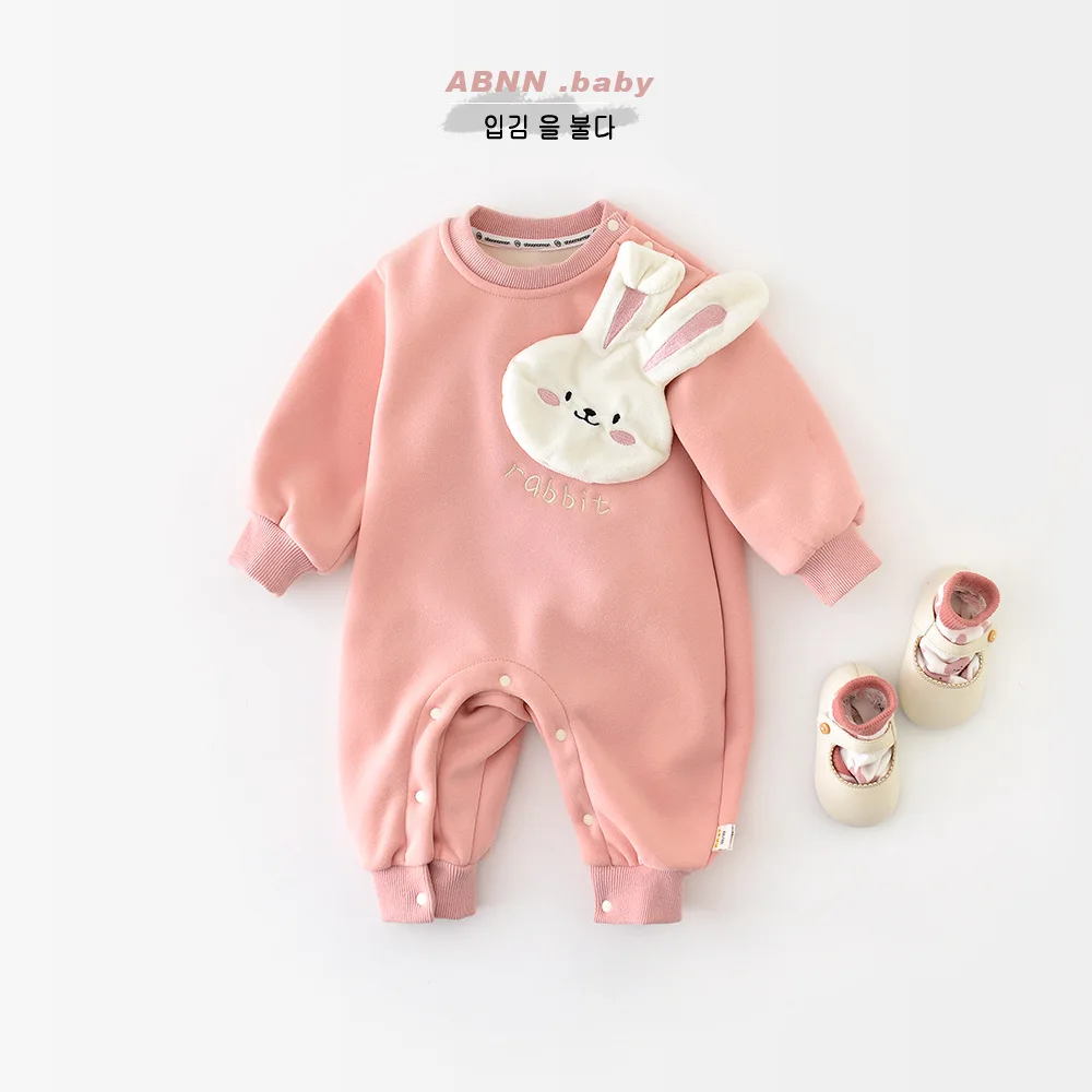 

Autumn Winter Baby Girls Rompers Cartoon Rabbit Patched Solid Fleece Cute Warm Infant Girls Bodysuit Newborn Girls Jumpsuit