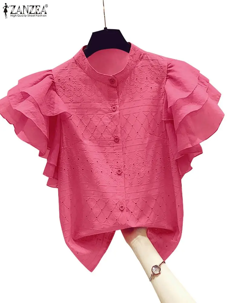 ZANZEA Korean Fashion Lace Shirt Women Ruffle Short Sleeves Tops 2024 Summer Designer Blouse Office Lady Lapel Neck Buttons Tops