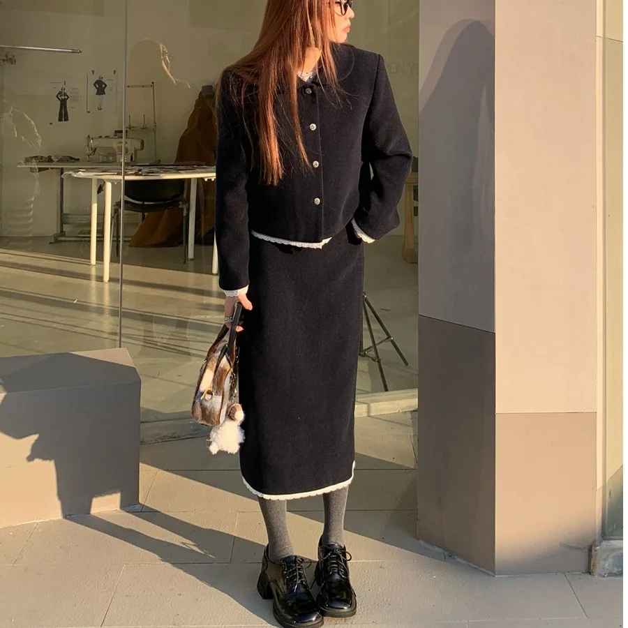 Chic Winter Outfit for Women Cotton Woolen Coat with Lace Trim Elastic Waist Midi Skirt Doll Collar Two Piece Set Chinese Brand