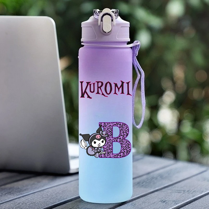 Kuromi Water Bottle with Straw Girl Cute Letter A-Z Travel Sippy Cup Kids Outdoor Sports School 750ml Mug Children Birthday Gift