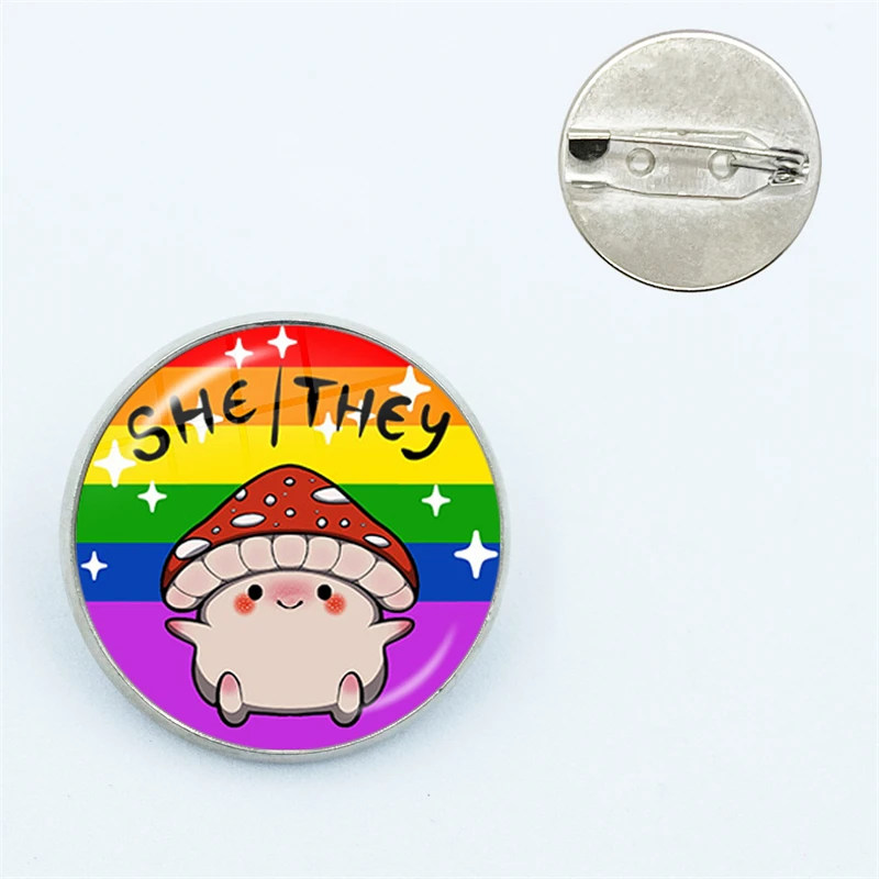 Genderfluid Pride She They Mushroom Pronoun Pin Cute Glass Brooches Shirt Lapel Teacher Tote Bag Backpacks Badge Gift Pins