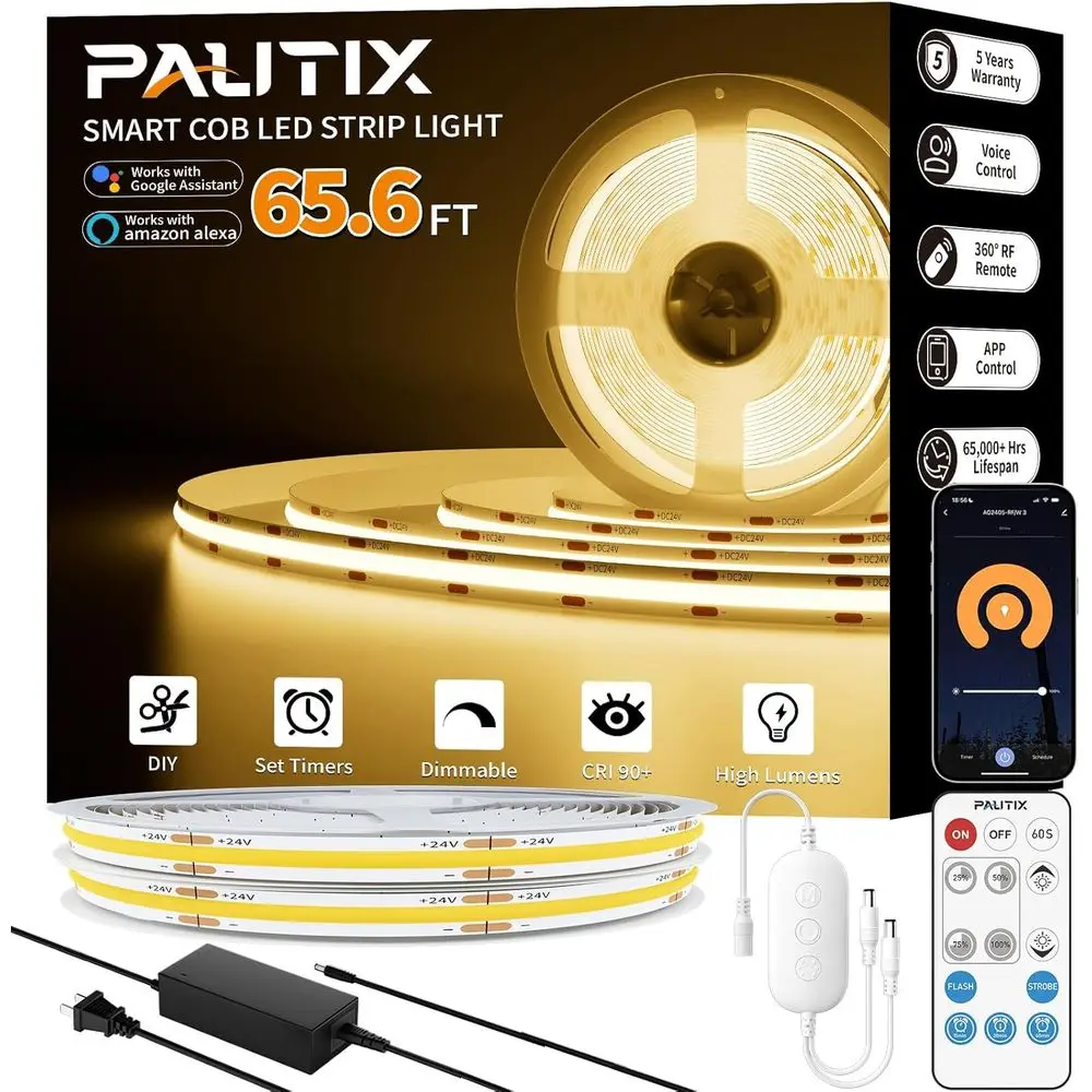 

65.6ft/20m Warm White 2700K Dimmable LED Strip Light, Compatible with Alexa/Assistant, Ideal for Bedroom, Cabinet, Living Room,
