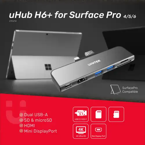 Imagen 2 del producto Unitek USB 3.0 HUB para Microsoft Surface Pro Mini estación de acoplamiento de pantalla 4K HDMI adaptador de lector de tarjetas Micro SD/SD