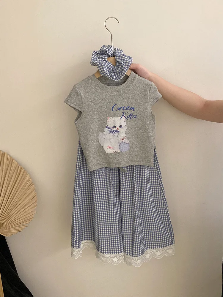 طقم بناتي صيفي جديد للأطفال مطبوع بأكمام قصيرة تي شيرت دانتيل منقوش طقم مكون من قطعتين