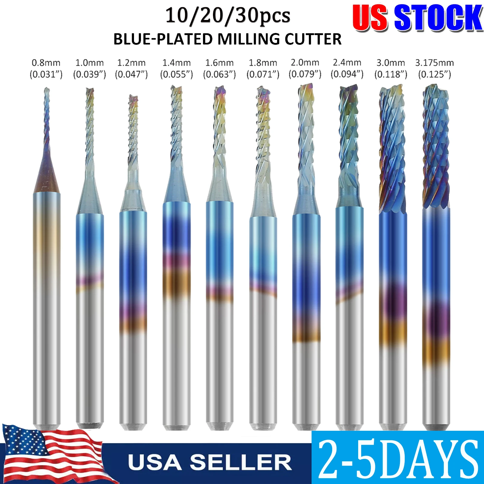 30/10Pcs End Mill CNC Router Bits, 0.8-3.175MM Nano Blue Coat Milling Cutter Set for PCB/ SMT/ CNC Router Bit For Wood Metal