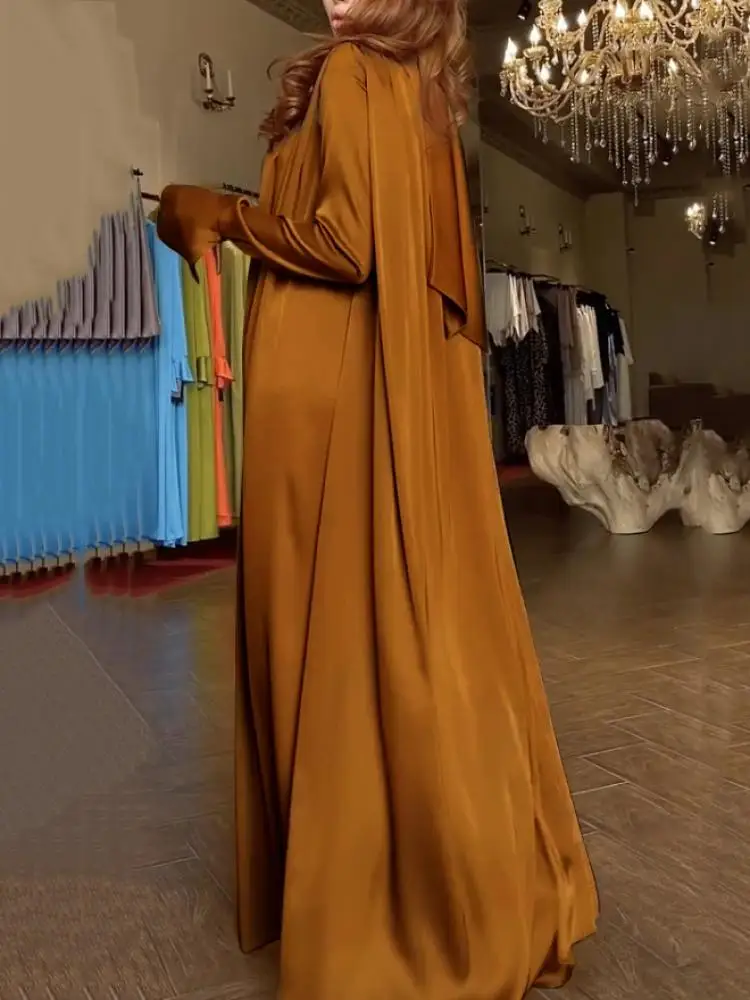 Lemongor Women Indie Folk Solid Color Evening Maxi Dresses 2024 New Spring Flared Sleeves High-neck Muslim Dress Robe Vestioes