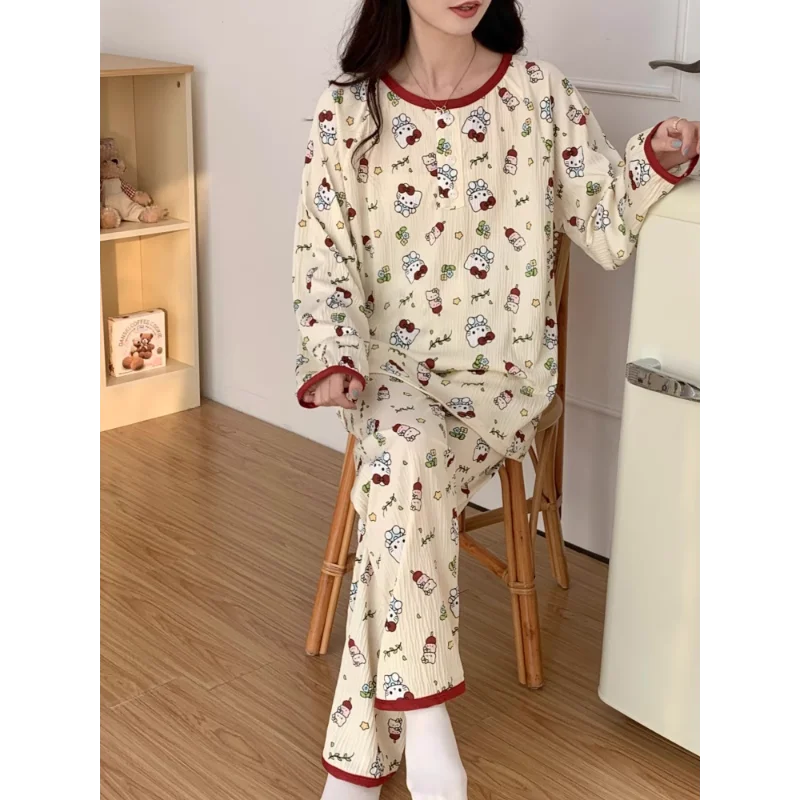 Sanrio Cartoon Pyjama Homewear Casual Losse Ademende Zijden Pyjama Dames Hello Kitty Broek Met Lange Mouwen Dames Pyjama