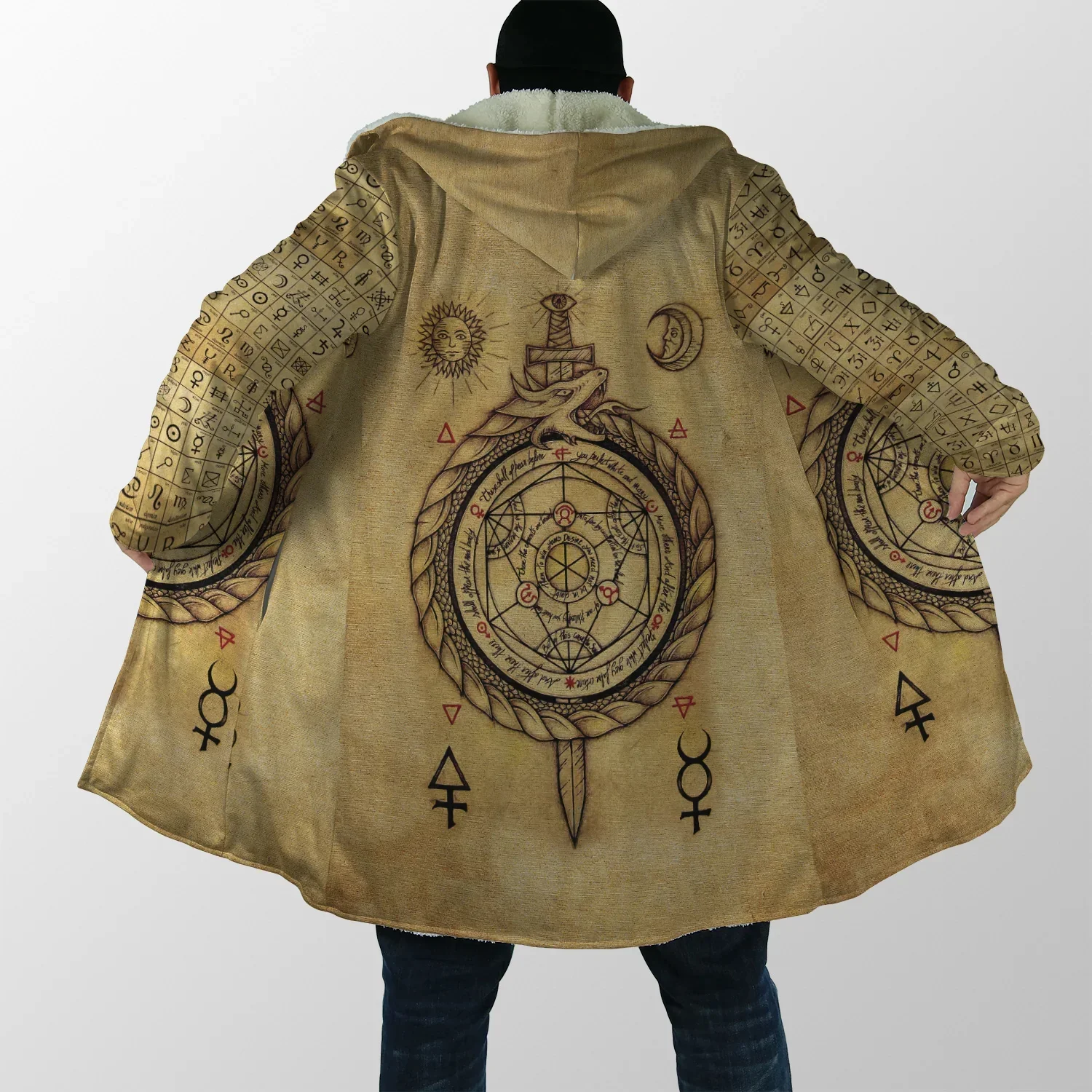 Alchemy Symbol Viking Tattoo Overcoat Coat 3D Print Thick Warm Hooded Cloak  Men Windproof Fleece Unisex Casual-5