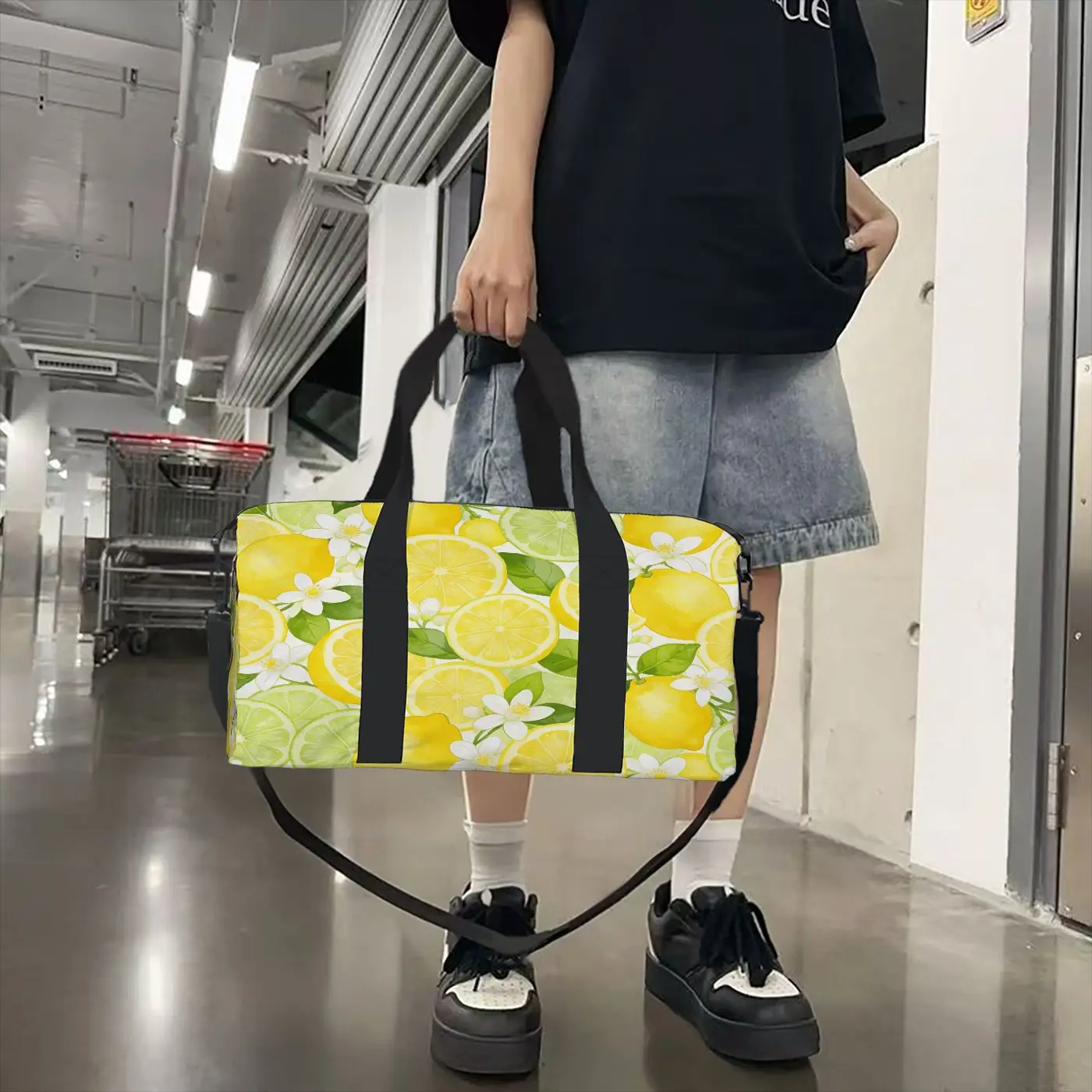 Summer Lemon Lime Print Duffel Bag, Lightweight Gym Bag with Adjustable Shoulder Strap, Large Capacity Weekender Travel Bag