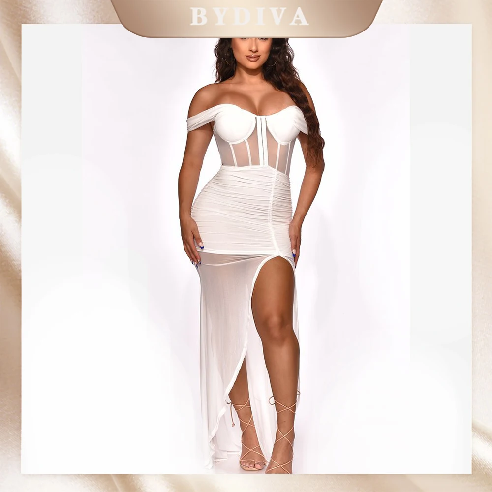 BYDIVA – robe longue transparente en maille pour femmes, épaules dénudées, fente haute, Sexy, Clubwear de nuit