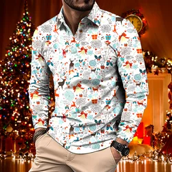 Men's Gift Christmas Carnival T-shirt Fashion digital print casual slim-fit lapel zipper long sleeve mystery gift box POLO shirt