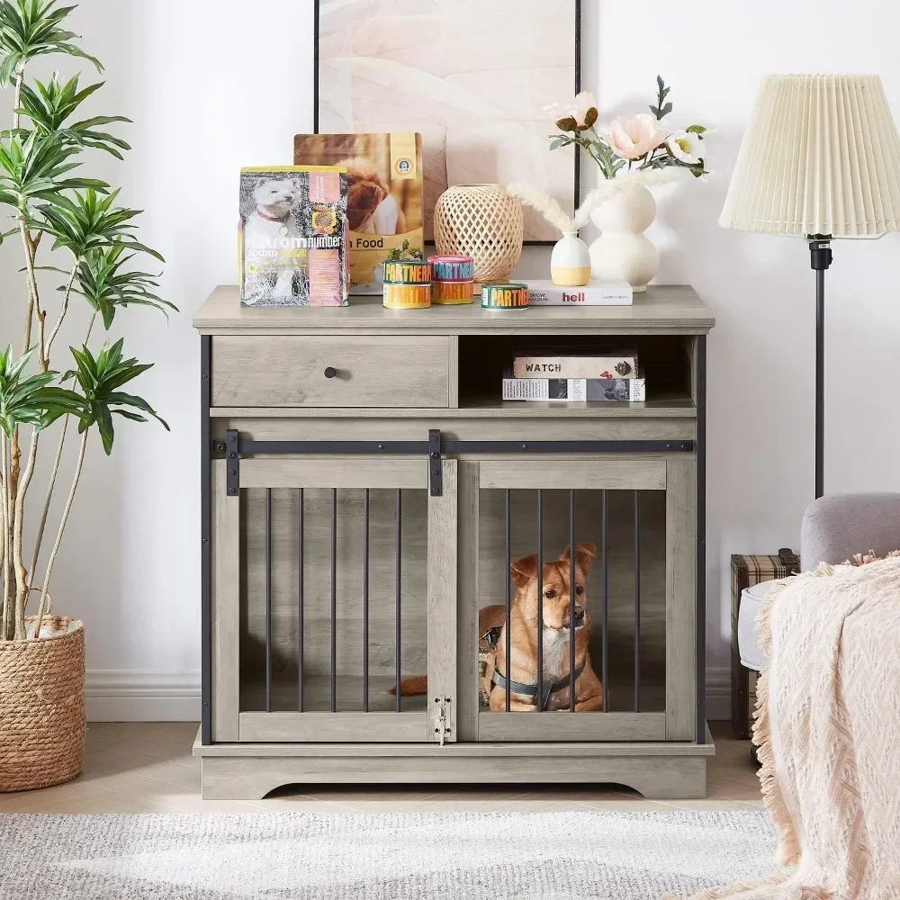 Dog Crate Furniture with Sliding Barn Door, 35