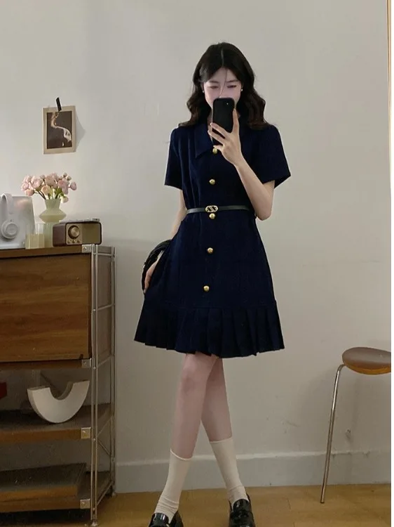 

plus Size Women's V-Neck Short Sleeve Dress Summer New Waist-Cinching High Waist A-Line Skirt Korean Style Commute Wind
