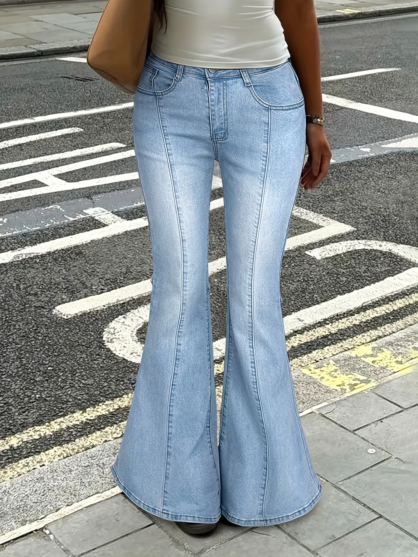 Women's Light Blue Flare Jeans - Mid-Rise, Stretch Denim with Slant Pockets, Comfort Fit with Gradient Color Design