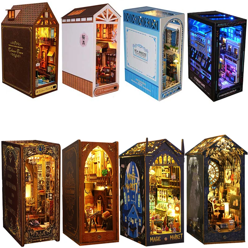DIY Book Nook Kit Miniature Doll House With LED Light 3D Puzzle Model Building Wooden Bookshelf Bookend Toy Adults Birthday Gift