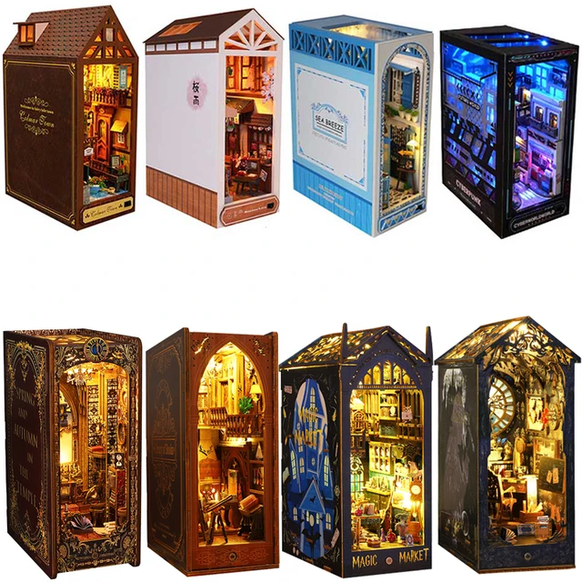DIY Book Nook Kit Miniaturowy domek dla lalek z oświetleniem LED Puzzle 3D Model budynku Drewniana półka na książki Zabawka dla dorosłych Prezent urodzinowy