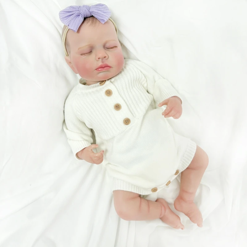 Lalka Reborn Loulou z miękkiego materiału/pełnymi winylowymi ramionami, 19 cali, realistyczna, z wielowarstwową malowaną skórą, ręcznie malowanymi włosami i widocznymi żyłkami.
