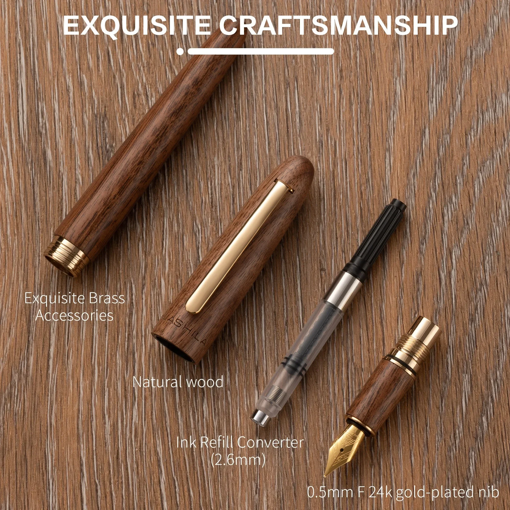 Ensemble de stylos à plume de luxe exquis, plume plaquée or 24 carats, bois pur, capuchon hélicoïdal, encre 30ml, écriture lisse, cadeau de vacances, 0.7mm