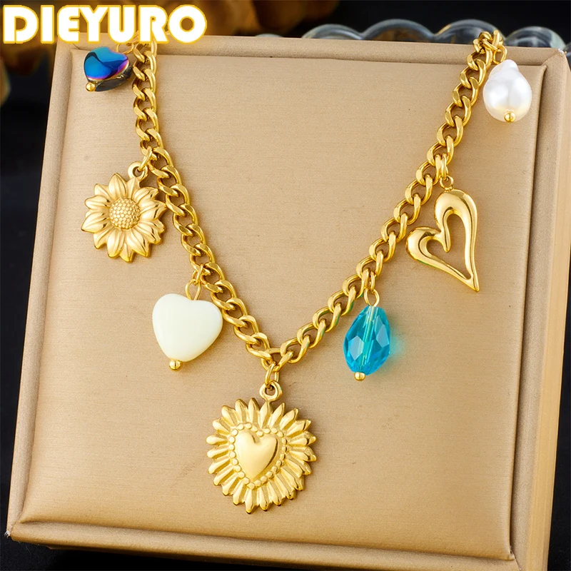 

DIEYURO 316L Stainless Steel Golden Heart Sunflower Pearl Necklace For Women Trend Fashion Clavicle Chain Jewelry Holiday Gift