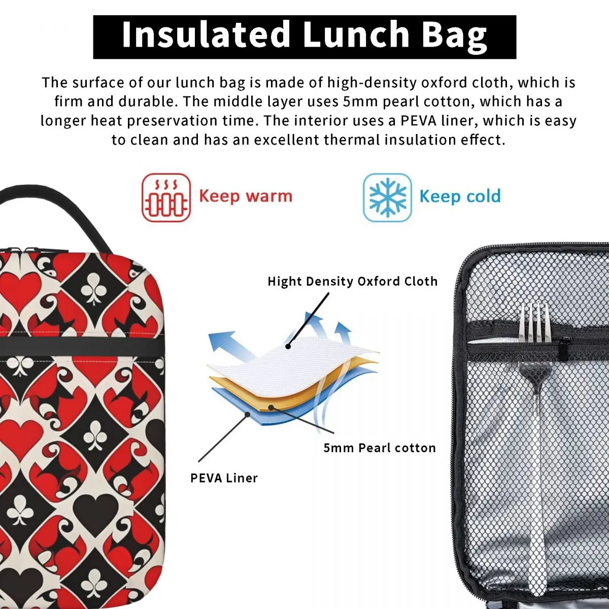 Playing Cards Symbols Insulated Lunch Bag for Women Kids Portable Food Boxes Thermal Lunch Box Tote