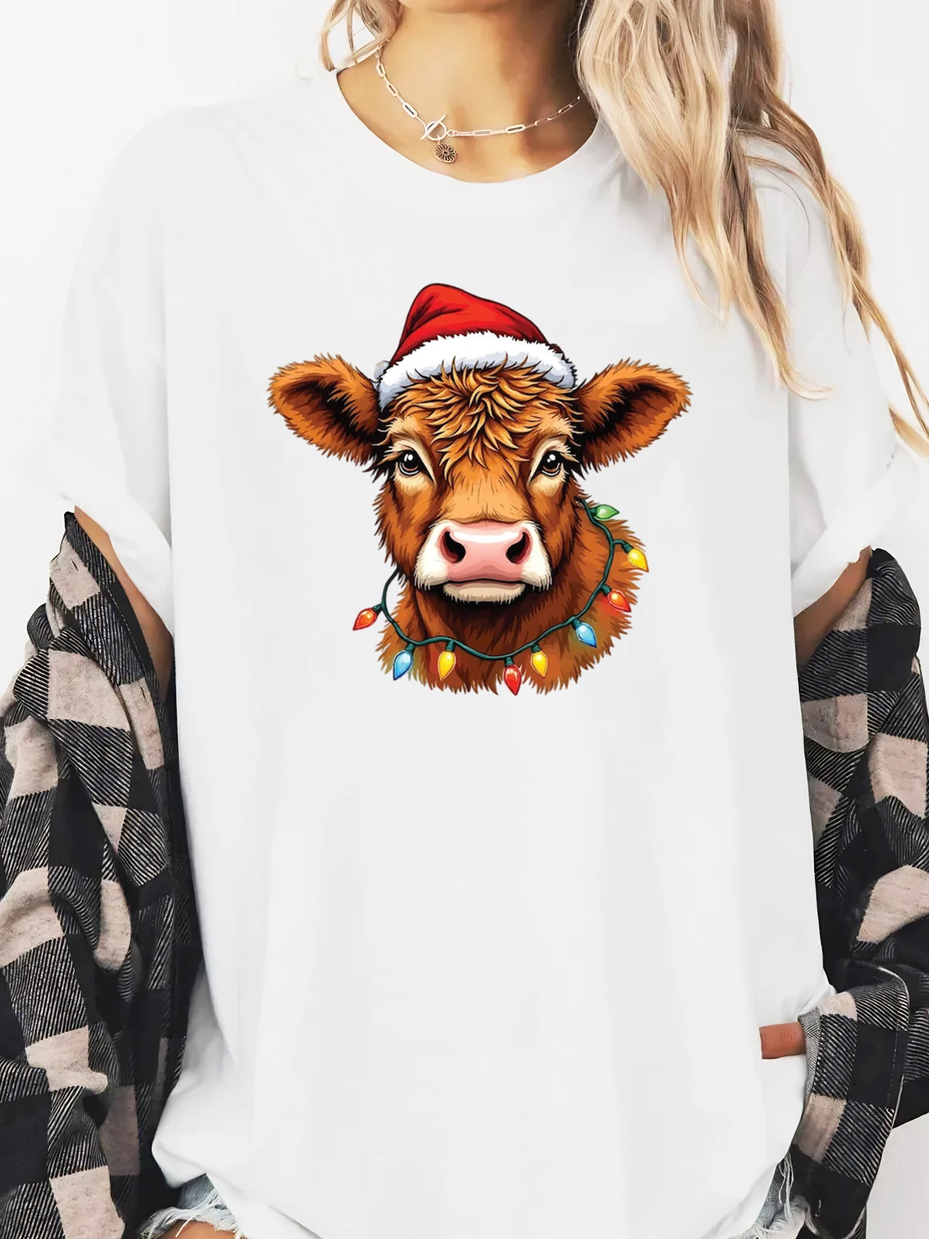 بقرة مع قبعة سانتا وأضواء عيد الميلاد طباعة عيد الميلاد المرأة طويلة الأكمام تي شيرت عطلة عادية ارتداء الأبيض حجم كبير #1
