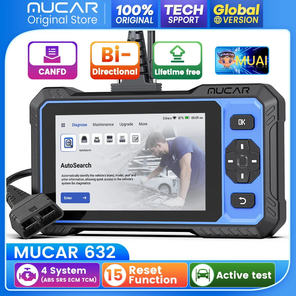 

Инструмент сканера системы MUCAR 632 OBD2 4 Двигатель MUAI Инструменты для диагностики кода неисправности 20, двунаправленное сброс CANFD, бесплатное обновление