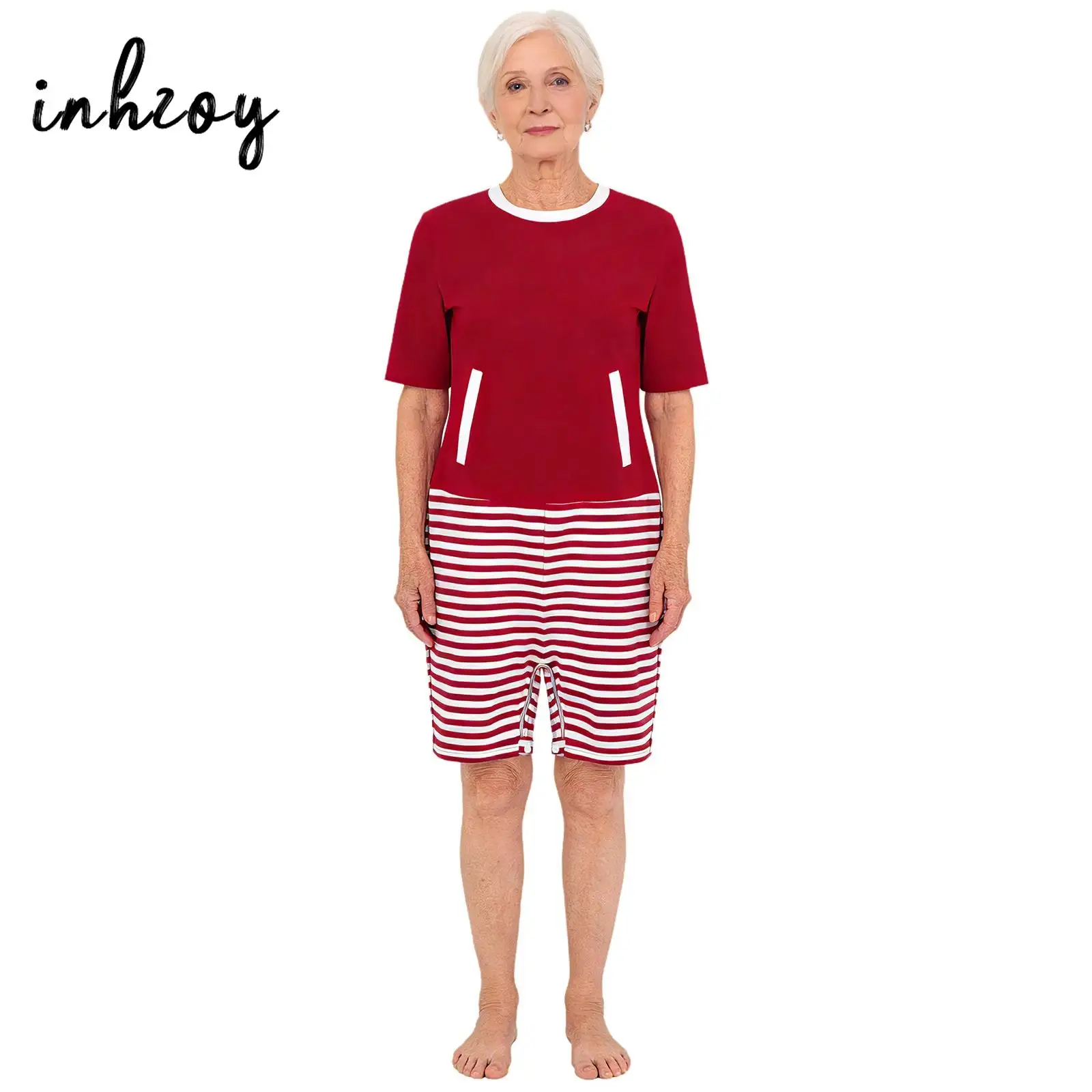 Adaptive Womens Elderly Jumpsuit with Back And Crotch Zippers Color Block Design Anti Strip Rompers for Alzheimer Patients Care