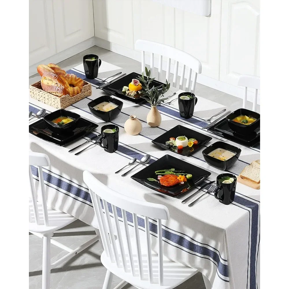 Square Cutlery Set with Black 48 Piece Set, Equipped with 16 Set Plates, Dessert Plates, Bowls, and Mugs