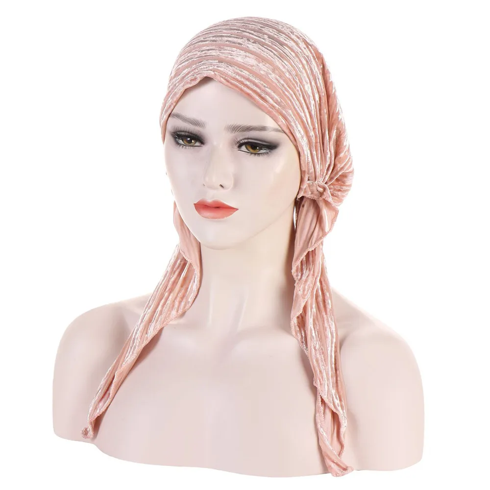 New Velvet Pre-Tied Hat Women Muslim Hijab Turban Stretch Head Scarf Wrap Chemo Cap Bonnet Hat Bandana Hair Loss Covers Headwear