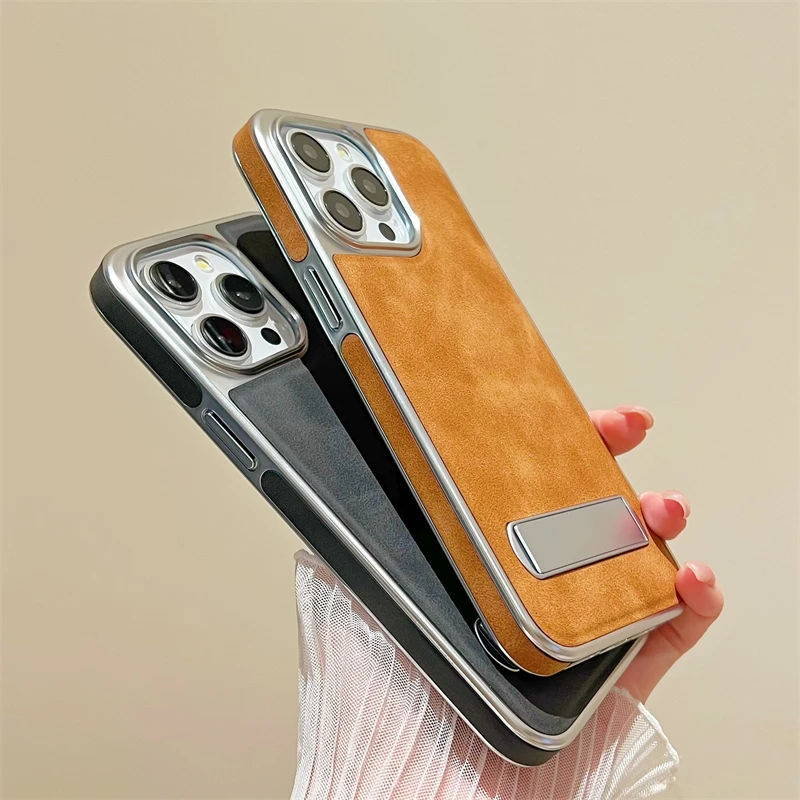 

Luxury Plating Leather Hidden Metal Holder Case for IPhone 15 14 13 12 11 Pro Max Plus 15Pro 14Pro IPones Stand Shockproof Cover